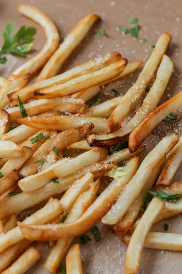 Goudbruine verse friet op een wit bord